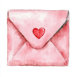 Clipart de sobre rosa, clip art imprimible de acuarela con carta de amor en forma de corazón para papeles de scrapbooking, diario basura, manualidades con tarjetas románticas, San Valentín