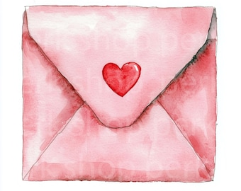 May include: Watercolor illustration of a pink envelope with a red heart seal. The envelope is a soft pink with darker shading along the edges, giving it a three-dimensional appearance. The heart is a vibrant red, adding a pop of color.