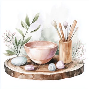 Peut inclure: Un bol en bois avec un glaçage rose posé sur une tranche de bois avec diverses pierres et un porte-outils en bois avec plusieurs outils. L'arrière-plan est une aquarelle de vert et de rose.