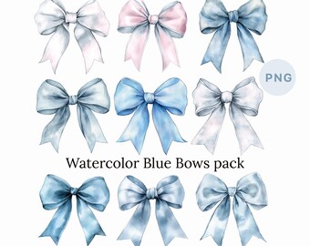 Whimsical Blue Bows Watercolor clipart - PNG Transparent, Decorative elements, Nursery, wedding, Digital download, Junk Journal, printables