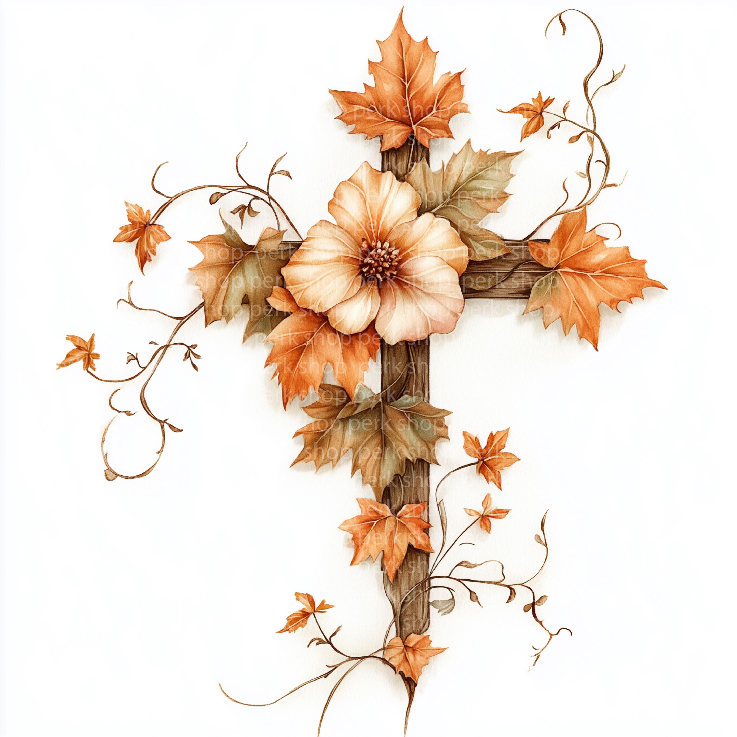 Autumn Leaves Cross Watercolor Clipart, Christian Fall Cross PNG, Faith ...