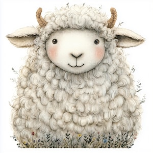 May include: A white fluffy sheep with brown horns and a sweet expression. The sheep is surrounded by green grass and small flowers.