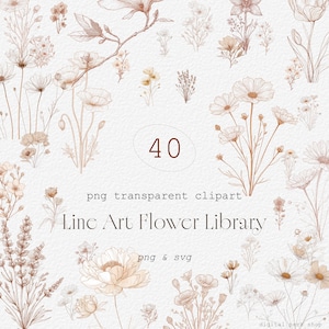 May include: A collection of 40 line art flower illustrations in shades of brown and beige. The text "Line Art Flower Library" and "png transparent clipart" are displayed. The image has a watercolor paper texture.
