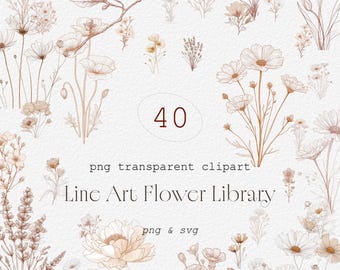 Clipart de flores minimalistas SVG PNG, flores botánicas de arte lineal, 40 elementos florales minimalistas, conjunto de contornos de flores silvestres, Cricut Flower SVG