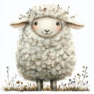 May include: A white fluffy sheep with a flower crown stands in a field of green grass and wildflowers. The sheep has a sweet expression on its face and is looking directly at the viewer.