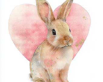 Paquete de imágenes prediseñadas de conejito de acuarela, lindo conejo con corazón PNG, arte de pared para guardería, conjunto de imágenes prediseñadas de Pascua de primavera