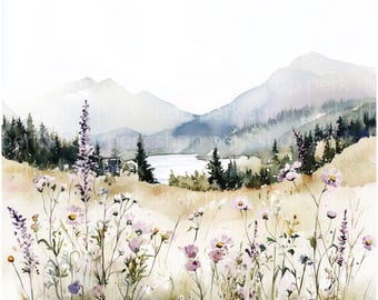 Watercolor Flower Meadow Clipart: Summer Field Landscape (Digital Download)