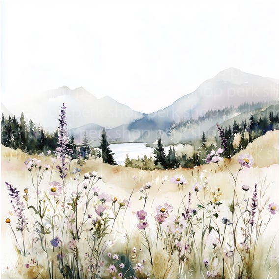 水彩画の花畑のクリップアート：夏の野原の風景（デジタルダウンロード