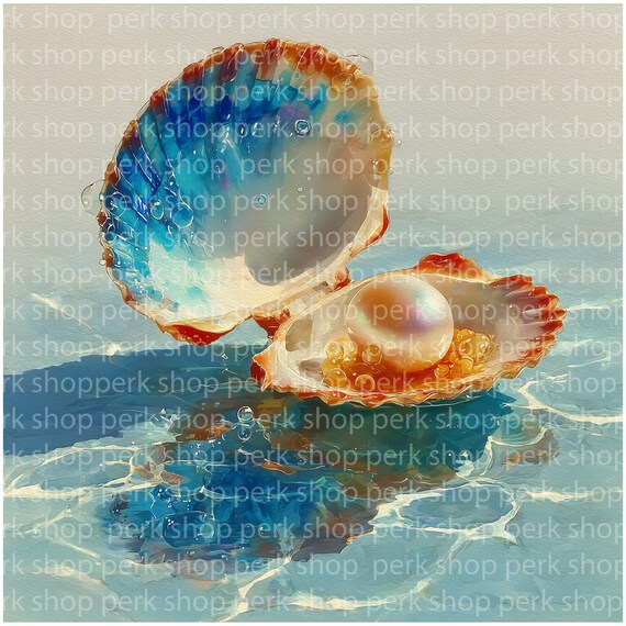 真珠と貝殻の水彩クリップアート：航海のイラスト（JPG、デジタル