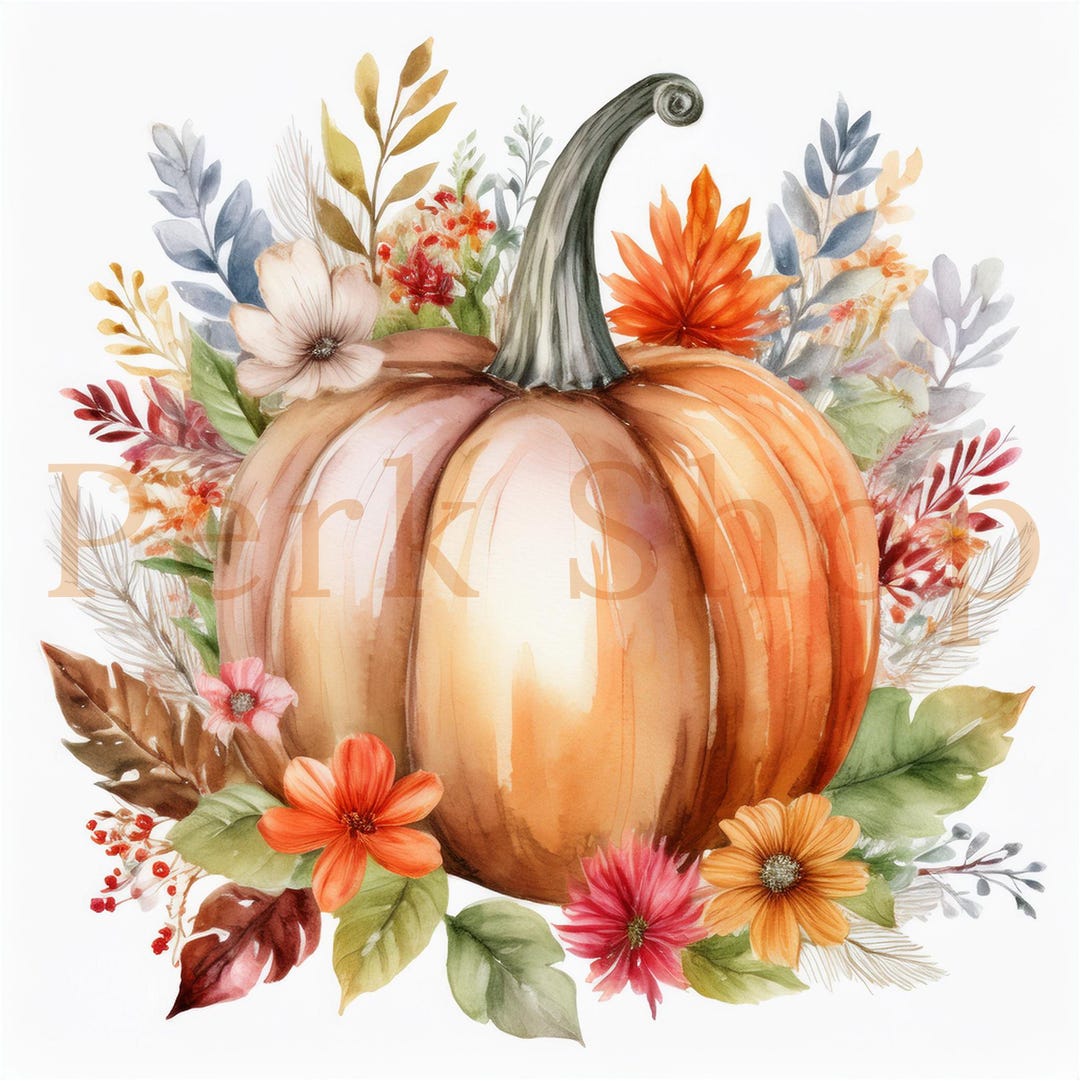 Pumpkin Floral Watercolor Clipart: Boho Fall Design (digital Download ...