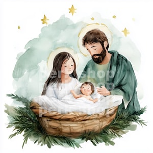 Clipart de la Nativité de Noël bébé Jésus, scène imprimable religieuse biblique, téléchargement numérique, papier artisanal chrétien, scrapbooking, autocollant, jpg