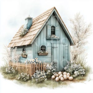 Imágenes prediseñadas de Pascua, imágenes prediseñadas de acuarela de casa de granero de granja, arte digital imprimible, papel artesanal, diario basura, tarjetas de búsqueda de huevos florales, granja de primavera