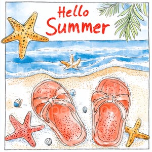7 Clipart ad acquerello con scritta "Ciao Estate", illustrazioni per vacanze al mare, download digitali stampabili in formato JPG, carte da lavoro, poster, banner, inviti