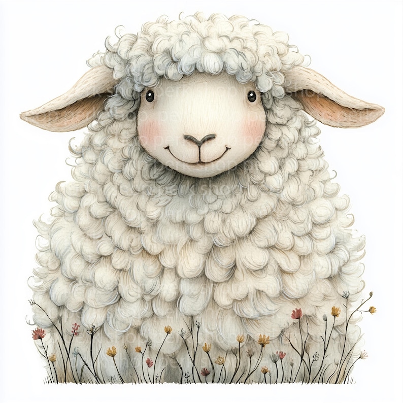 May include: A white fluffy sheep with a friendly smile, standing in a field of wildflowers. The sheep has a soft, curly coat and big, brown eyes.