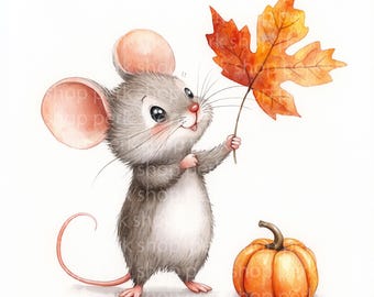 Watercolor Mouse Clipart: Autumn Leaf & Pumpkin Designs (digital