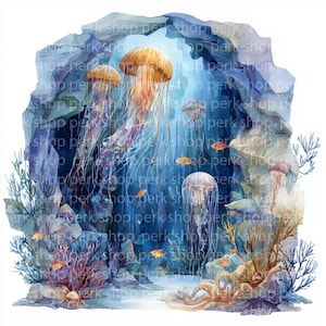 Underwater Jellyfish Clipart: Sea Cave Watercolor Graphics (Digital Download, JPG, Commercial Use License)