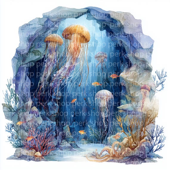 水中クラゲのクリップアート：海の洞窟の水彩画（デジタルダウンロード