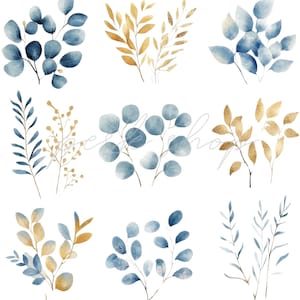 Chique mini aquarel eucalyptus takjes clipart in blauw en goud - Instant Download, digitale afdrukbare scrapbooking, sticker, planner, bruiloft