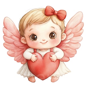 Clipart de San Valentín, clip art de amor de bebé Cupido, sublimación PNG, adorables niños de acuarela, pegatinas de corazón rojo, diarios basura, regalo romántico
