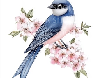 Bird on Cherry Blossom Branch Watercolor Clipart (Digital Download)