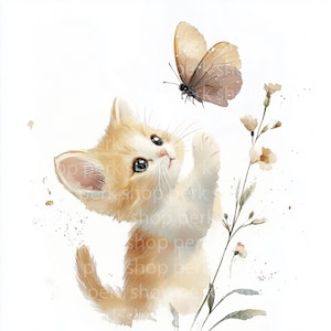 13 Clipart chaton jouant, mignon chat tigré orange avec papillon, téléchargement numérique fantaisiste, impressions pour chambre d'enfant, autocollants, scrapbooking, mur