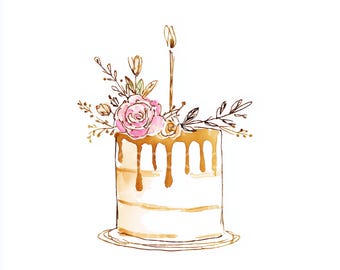 Floral Cake Watercolor Clipart: Birthday or Wedding Celebration Clipart (Digital Download)