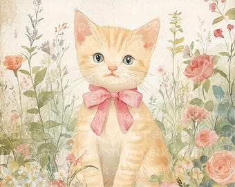 ヴィンテージ水彩子猫プリント - ピンクのバラ、花柄猫アート