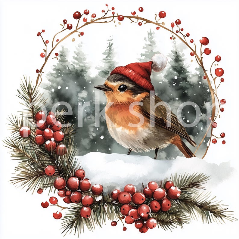 Robin Christmas Clipart: Watercolor Winter Bird Digital Decor (download ...