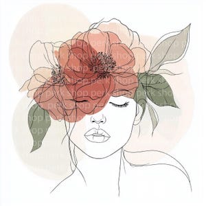 14 Clipart visage de femme floral, clipart fille art au trait, aquarelle imprimable, fichiers JPG de haute qualité, téléchargement numérique, créations en papier, journaux indésirables