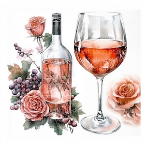 11 aquarel rozenwijn clipart | Wijnglas en fles, png PNGEgg | Romantische bloemenwijngaardillustratie voor bruiloftsdecor, sublimatie, ambachten