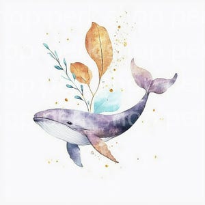 8 Blauer Aquarell Wal | Ocean Clipart mit Laubwerk | Meerestier Illustration für Kinderzimmer & Basteln | Kommerzielle Nutzung, hochwertige JPGs