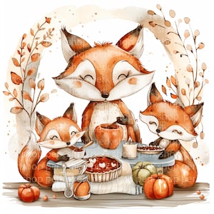 11 cliparts mignons renards, animaux de la forêt célébrant la récolte d'automne, citrouille aquarelle imprimable, papier artisanal, décoration de chambre d'enfant, impression numérique