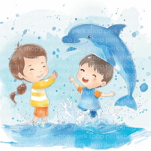 7 Kinder spielen mit Delphin Clipart, verschiedene Aquarell Kinder und Delphin Kunstdruck, digitale Bilder, Lernspielzeug, Kinderzimmer Dekor, Scrapbook