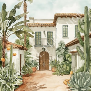 8 Aquarelle de California Villa, clipart en téléchargement numérique, peinture Resort Garden Village, Santa Barbara, imprimable, voyage Junk Journal