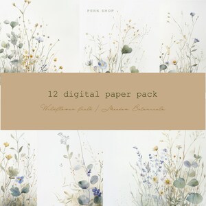 May include: A digital paper pack featuring watercolor illustrations of wildflowers and botanical elements. The image includes a tan banner with the text "12 digital paper pack" and the words "Wildflower field / Maiden Botanicals". The background is white.