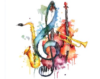 水彩画のジャズ楽器のクリップアート：ピアノ、サックス、トランペット