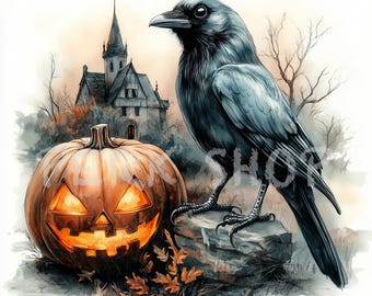 Clipart de Cuervo de Halloween: Esqueleto de Cuervo Espeluznante en Acuarela (Descarga Digital)