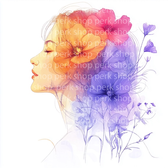 花柄の女性の水彩画クリップアート：芸術的な女の子のイラスト