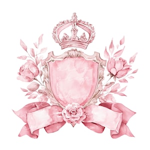 9 Preppy Rose Pink Crest Watercolor Clipart, Digital Download, Wedding or Birthday Printable art, paper crafts, birthday card, junk journal