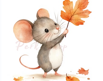 Watercolor Mouse Clipart: Autumn Leaf & Pumpkin Designs (Digital Download)