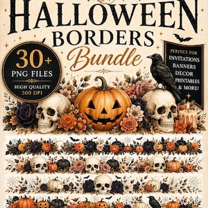 Peut inclure: Un ensemble de graphiques numériques présentant des bordures sur le thème d'Halloween avec des crânes, des citrouilles orange et noires, des fleurs d'automne, des toiles d'araignée et des corbeaux. Le texte indique HALLOWEEN BORDERS 30+ Bundle.
