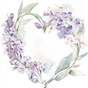 Clipart de coração floral, clipart de aquarela lilás, flores de primavera para impressão para convite de casamento, papel artesanal, diário, scrapbooking digital