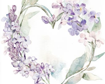 Lila blommig hjärtkrans Clipart: Akvarell vårblommor (digital nedladdning)