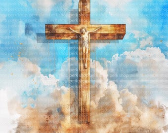 Gold Christian Cross Watercolor Clipart, Religious Cross Paper, Catholic Faith Illustration, Church Art, Baptism Confirmation Design