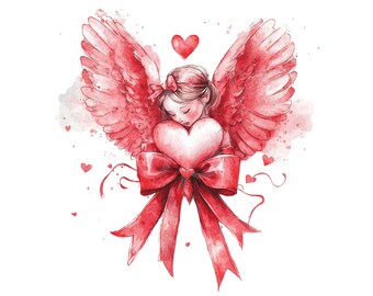 Watercolor Cherub Clipart: Cupid Love PNG, Valentines Heart Prints (Digital Download)