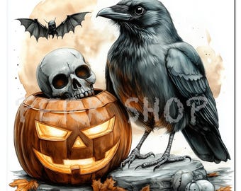 Clipart de Cuervo de Halloween: Esqueleto de Cuervo Espeluznante en Acuarela (Descarga Digital)