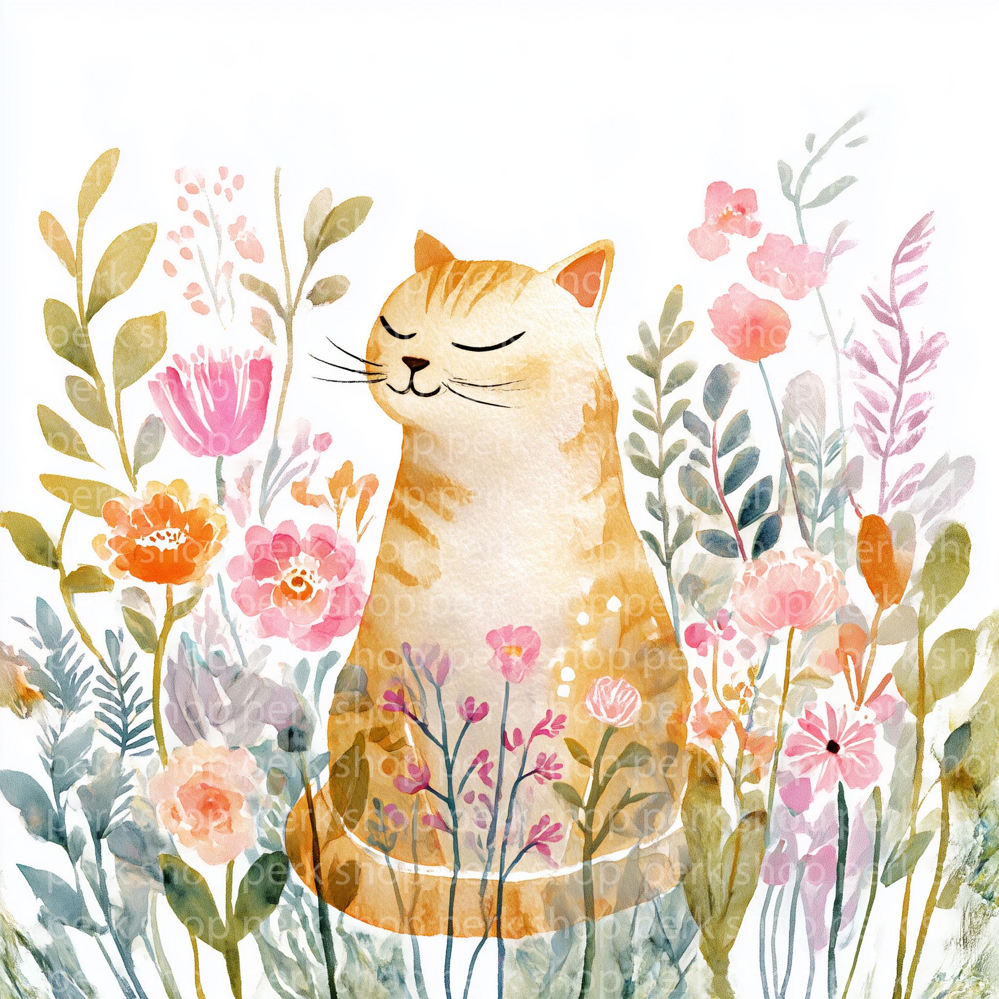 Watercolor Floral Cat Clipart Set, Premade Cute Kitten Graphics, Spring ...