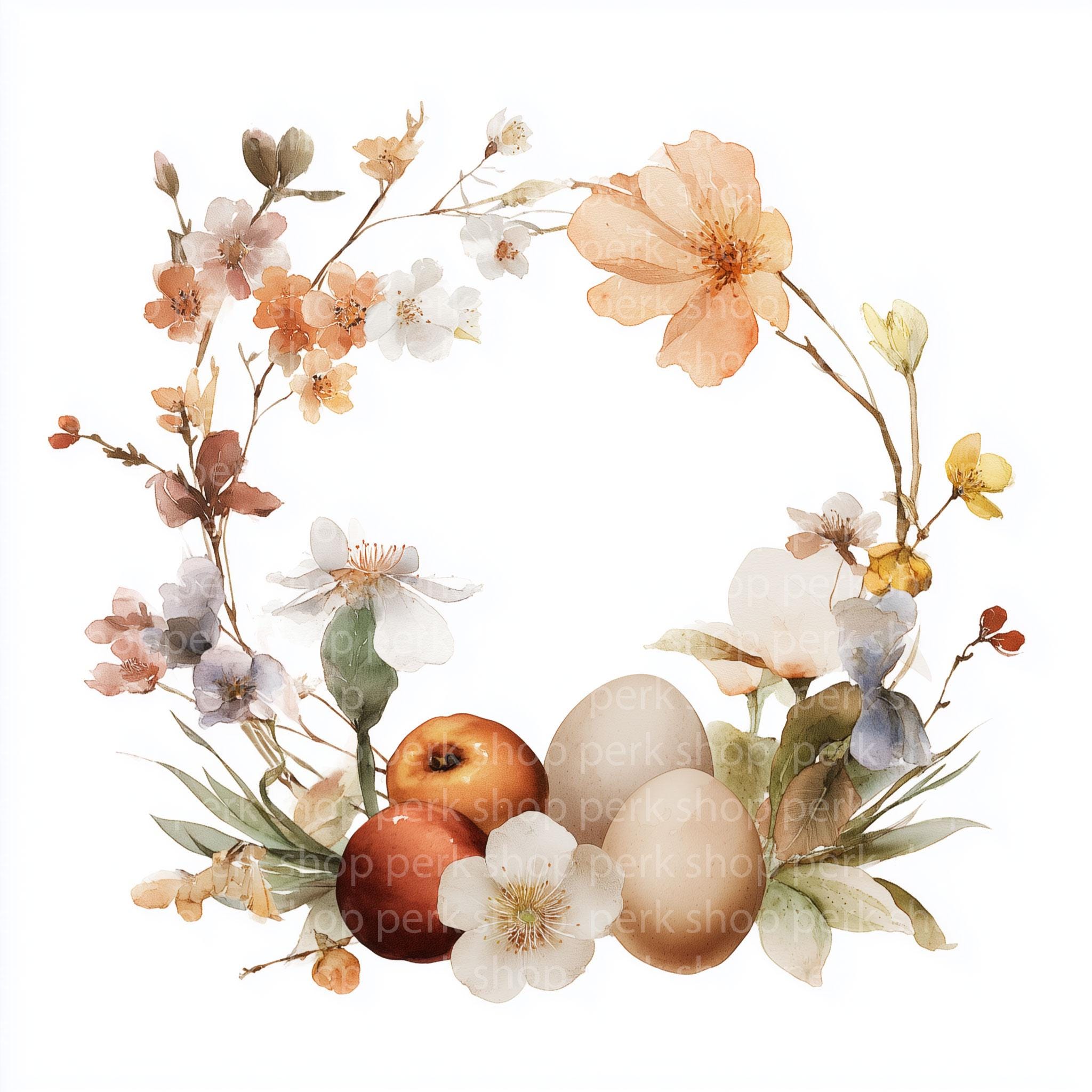 9 Easter Floral Wreath Clipart PNG, Watercolor Spring Flowers Eggs ...