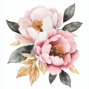 9 Pfingstrosen Clipart, wilde Pfingstrose Clipart, pink gold Blume Aquarell, druckbare botanische Clipart - Hochzeitseinladung, Scrapbook, digital