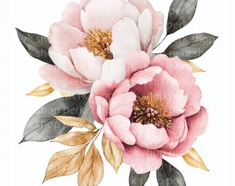 May include: A watercolor painting of a bouquet of pink peonies with gold and gray leaves.